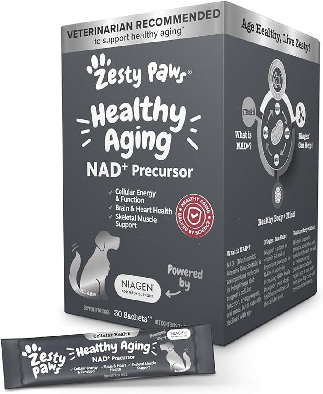 Zesty Paws NAD+ Precursor Supplement for Dogs - Niagen for Healthy Aging & Skeletal Muscle Support & Recovery - Brain, Heart, & Cellular Energy Support - Nicotinamide Riboside Chloride – 30 Sachets - GOODSZON Discount Store