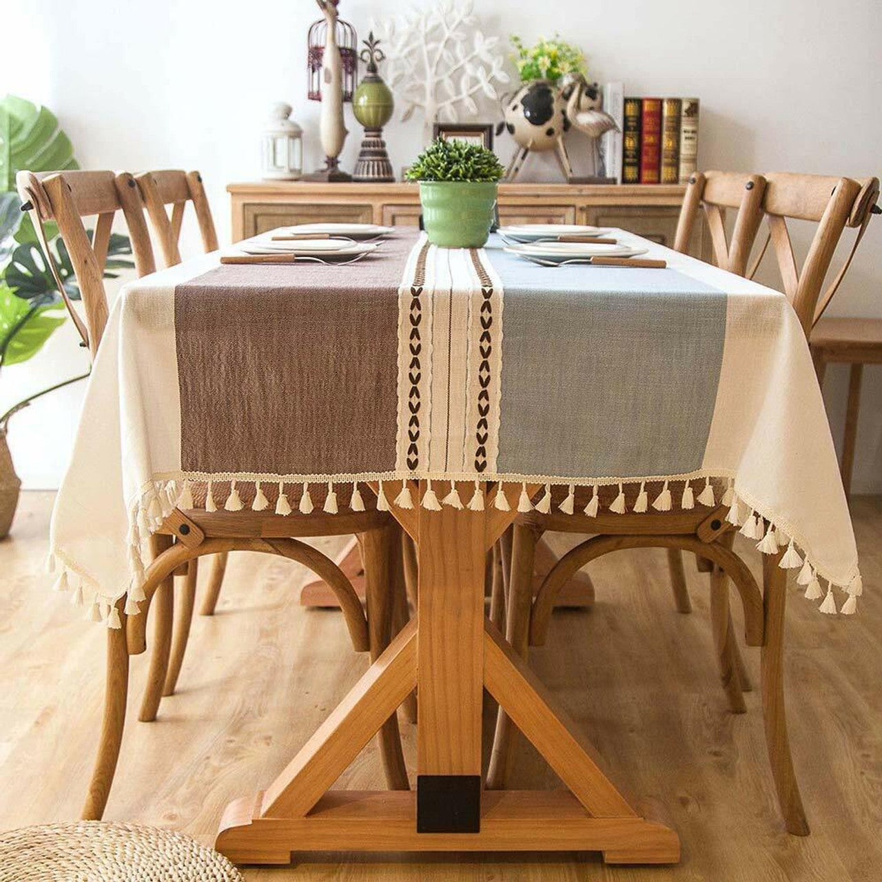 Stitching Tassel Cotton Linen Fabric Table Cover Tablecloth Square 55x98 Inch - GOODSZON Discount Store