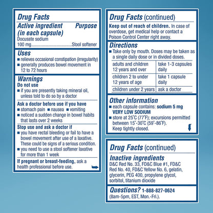 Colace® Regular Strength Stool Softener for Constipation Relief, 100mg Capsules, 60 ct - GOODSZON Discount Store