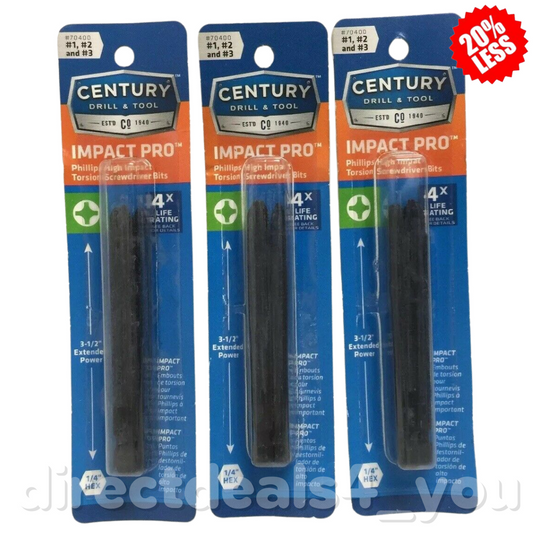 Century Drill & Tool 70400 Impact Pro 3 Piece Phillips Power Bit Assortment, 3-1/2" length - GOODSZON Discount Store