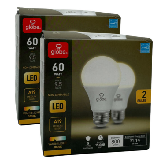 Globe LED Standard Size Warm Light Bulbs A19 - 9.5 Watt = 60 Watt 2 pk - GOODSZON Discount Store
