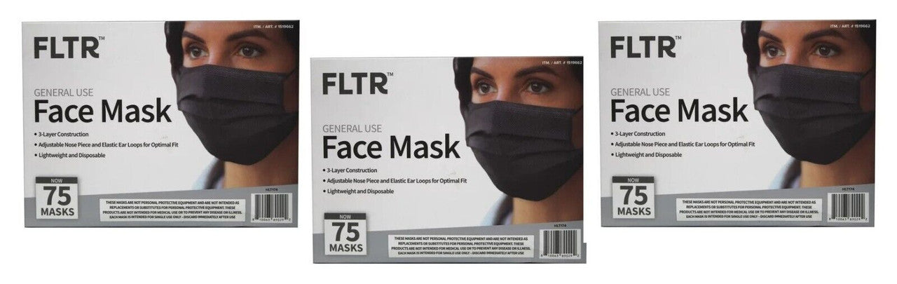 FLTR General Use Disposable Face Mask Black 75 Count Pack of 3 - GOODSZON Discount Store