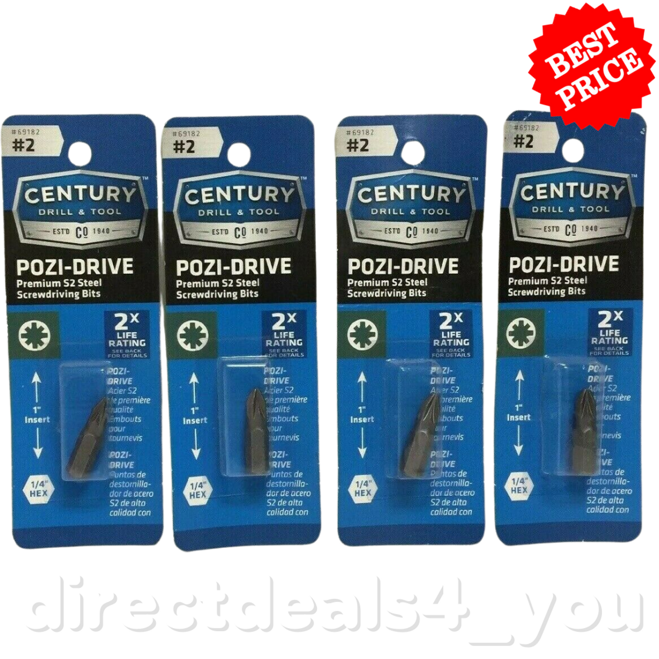 CENTURY DRILL & TOOL #69182 #2 Pozi-Drive Screwdriver Bits Pack of 4 - GOODSZON Discount Store