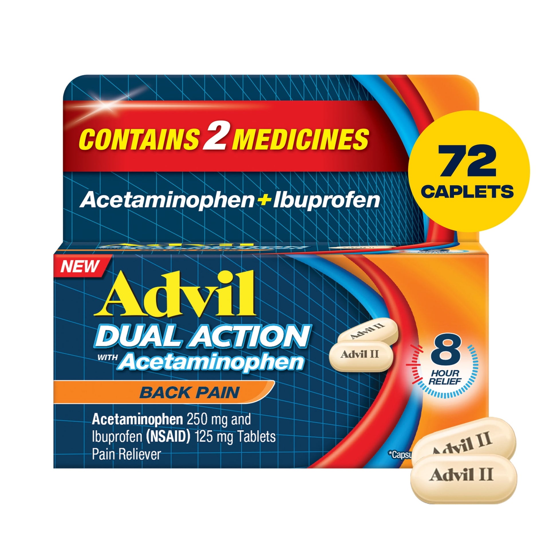 Advil Dual Action Back Pain Caplets Delivers 250Mg Ibuprofen and 500Mg Acetaminophen Per Dose for 8 Hours of Back Pain Relief - 72 Count - GOODSZON Discount Store