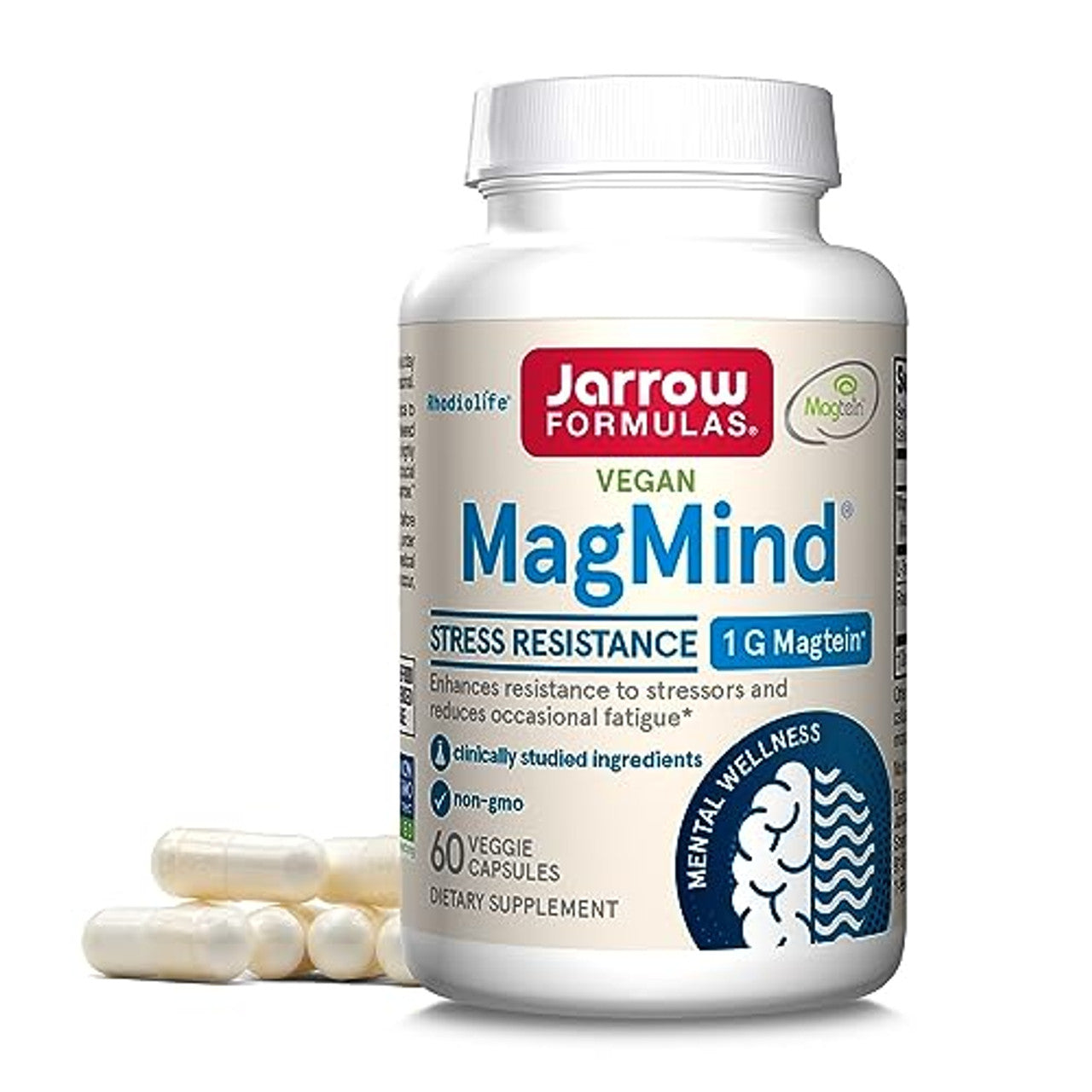 Jarrow Formulas MagMind Stress Resistance with Magtein 1g, L-Theanine and Rhodiolife, Dietary Supplement for Occasional Fatigue and Stress, 60 Veggie Capsules, 30 Day Supply - GOODSZON Discount Store