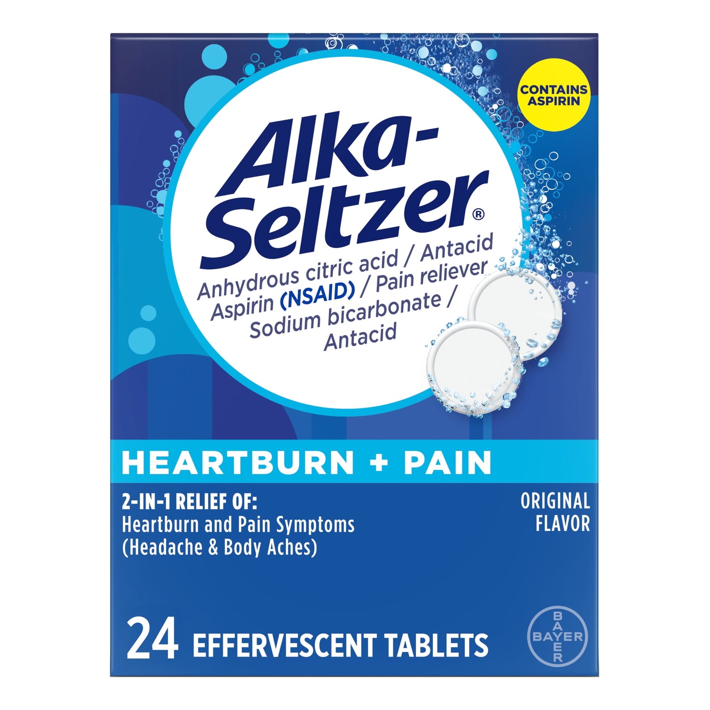 Alka-Seltzer Heartburn Relief and Pain Relief, Aspirin + Antacid Effervescent Tablets, 24 Count - GOODSZON Discount Store