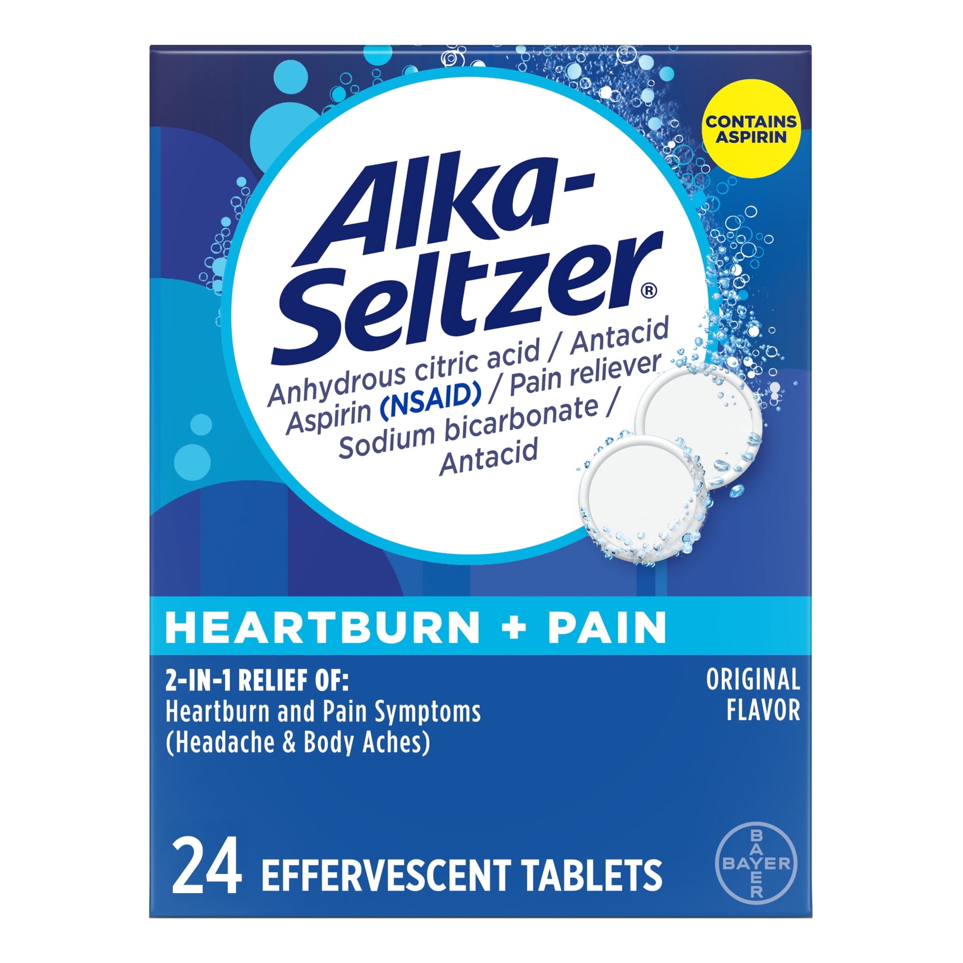 Alka-Seltzer Heartburn Relief and Pain Relief, Aspirin + Antacid Effervescent Tablets, 24 Count - GOODSZON Discount Store