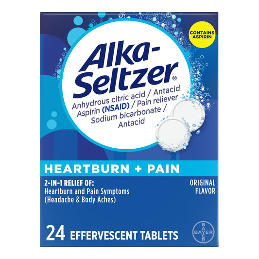 Alka-Seltzer Heartburn Relief and Pain Relief, Aspirin + Antacid Effervescent Tablets, 24 Count - GOODSZON Discount Store