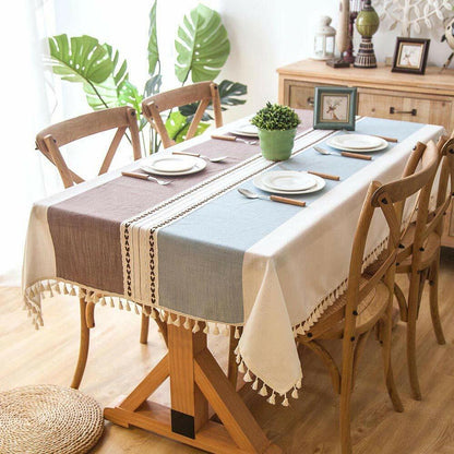 Stitching Tassel Cotton Linen Fabric Table Cover Tablecloth Square 55x98 Inch - GOODSZON Discount Store
