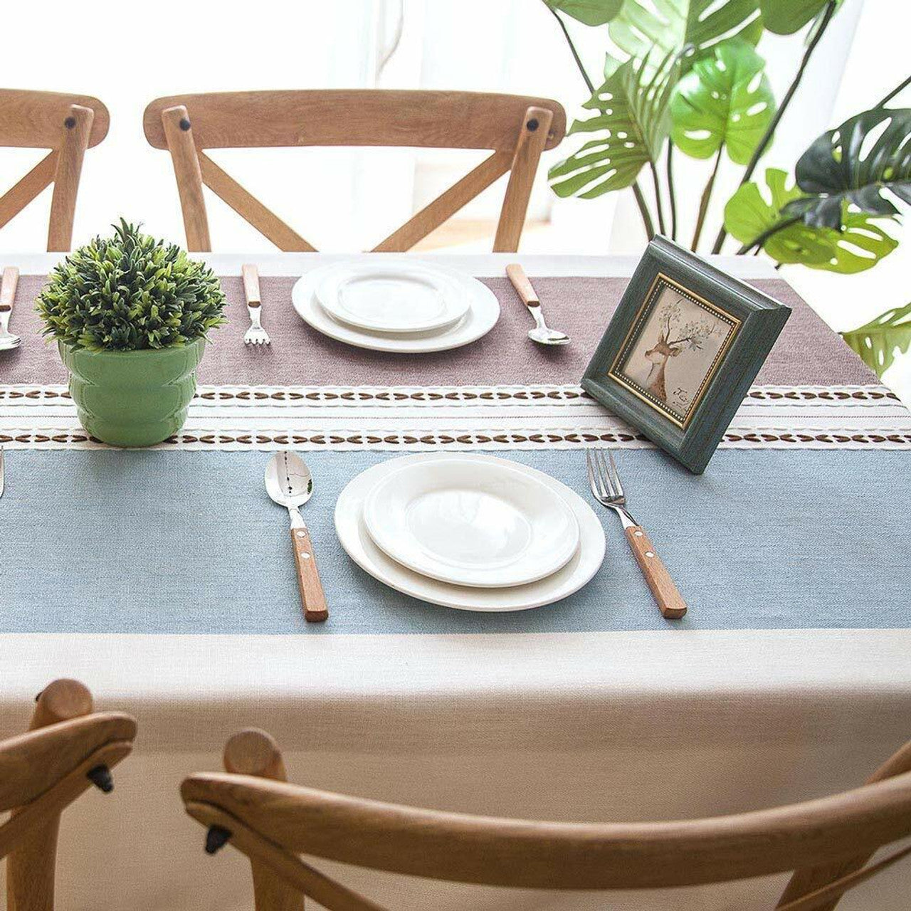 Stitching Tassel Cotton Linen Fabric Table Cover Tablecloth Square 55x98 Inch - GOODSZON Discount Store