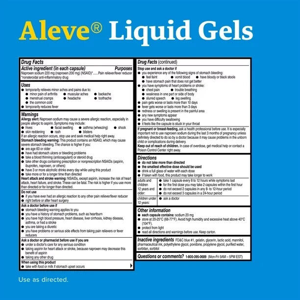Aleve Liquid Gels Naproxen Sodium Pain Reliever, 20 Caps Exp 06/2024 - GOODSZON Discount Store