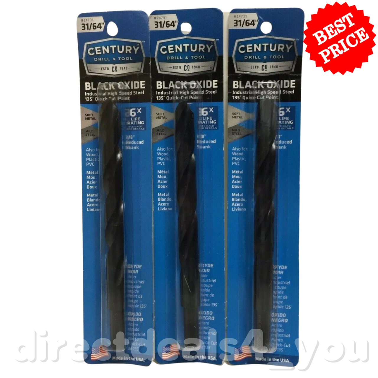 CENTURY DRILL & TOOL #24731 31/64" Black Oxide Drill Bit Pack of 3 - GOODSZON Discount Store
